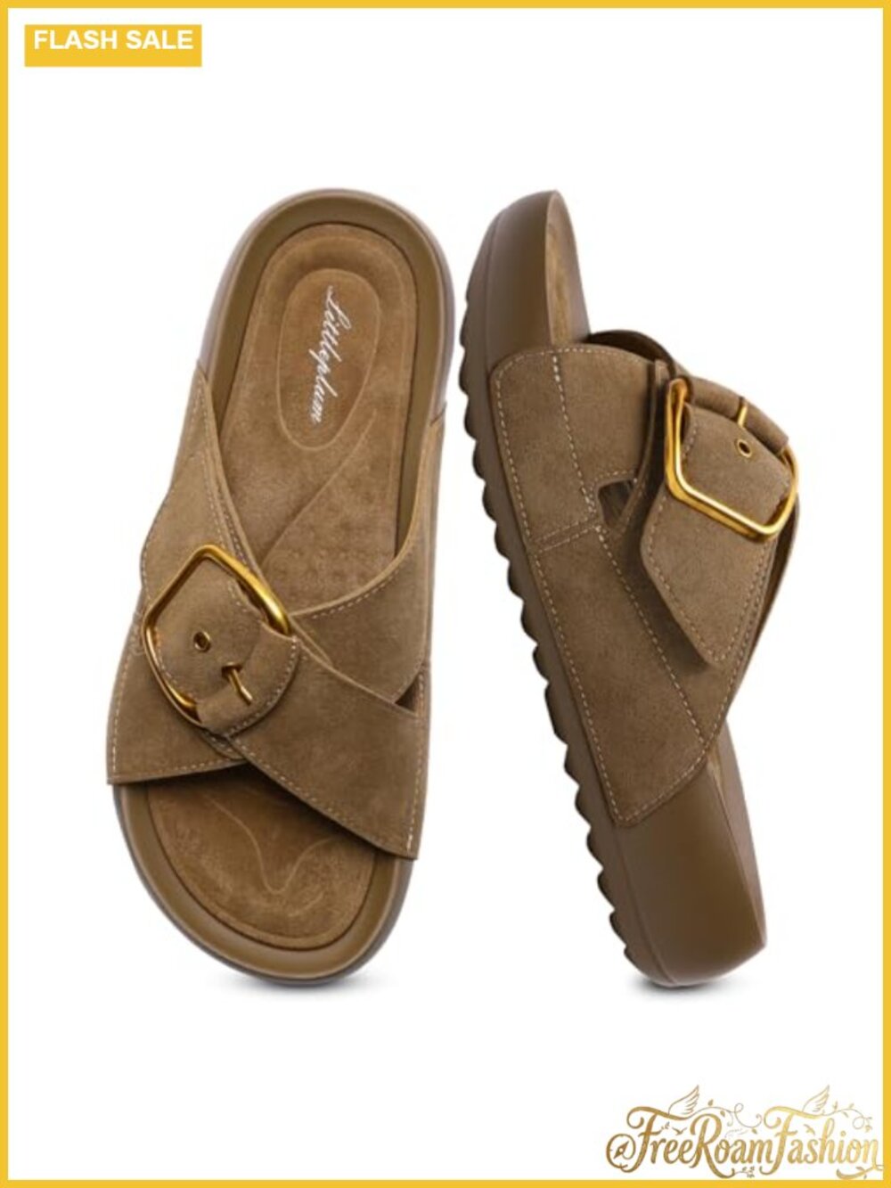 Women's Suede Platform Wedge Slide Sandals with Arch Support Buckle